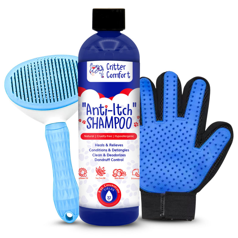 Premium Dog Grooming Kit – Tea Tree Oil (1%) Anti-Itch Shampoo, Self-Cleaning Slicker Brush & Grooming Glove – Skin Support & Coat Maintenance System - PawsPlanet Australia