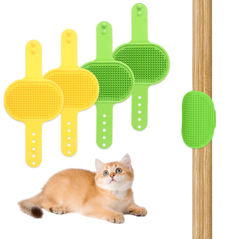 4 PCS Cat Self Groomer for Indoor Cats,Silicone Grooming Strap Pad for Cats,Adjustable & Soft Cat Massager(Green+Yellow) yellow green - PawsPlanet Australia