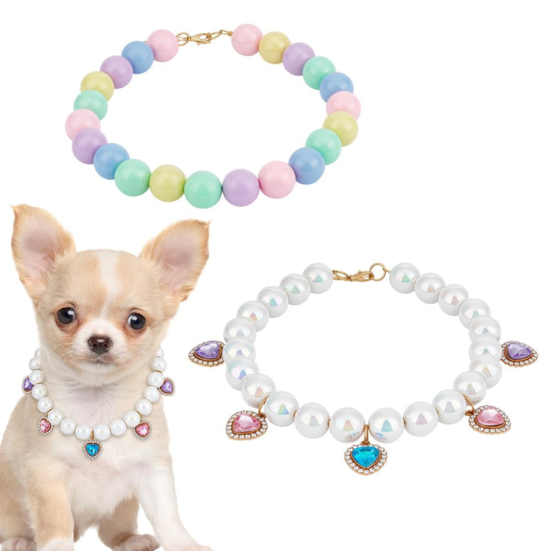 OLYCRAFT 2pcs Pet Rainbow Beaded Collar with Heart Charms Adjustable Dog and Cat Necklace Sparkling Colorful Pet Necklace Jewelry Handmade Fancy Dog Collar for Small Medium and Large Pets-2 Styles 13.2~15 Inch - PawsPlanet Australia