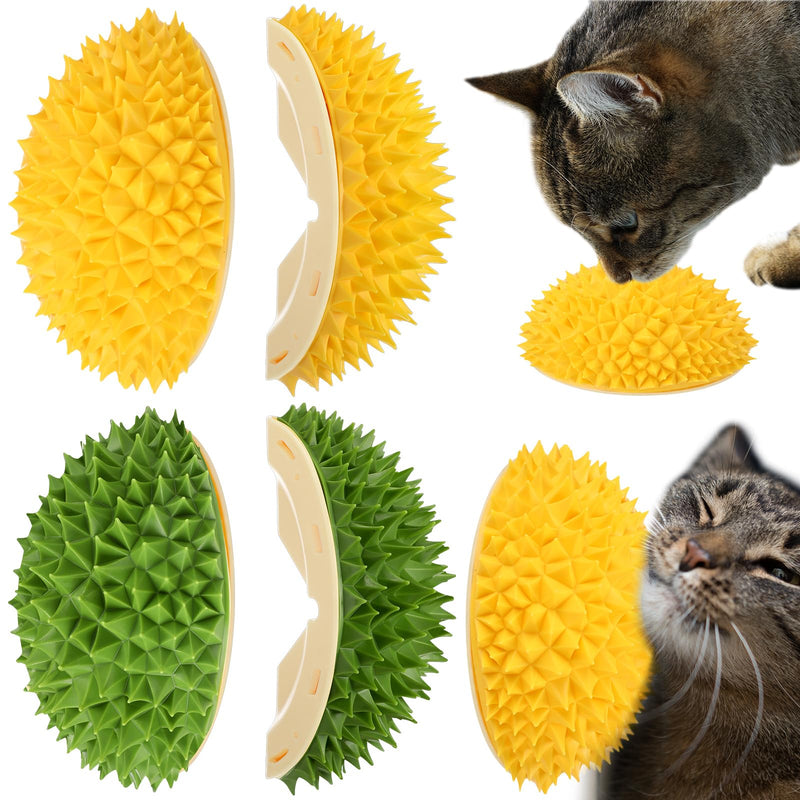 Hiboom 2 Pcs Cat Wall Corner Scratcher Durian Shaped Self Groomer Face Scratcher Massage Comb Grooming Brush Tool for Indoor Long & Short Fur Kitten Dogs, Green and Yellow - PawsPlanet Australia
