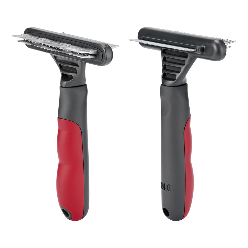KONG Double-Sided Rake & Deshedding Tool – Detangling & Shedding Control, Rounded Metal Tips, Non-Slip Grip, for Medium to Large Dogs with Medium to Long Coats, Red/Gray - PawsPlanet Australia