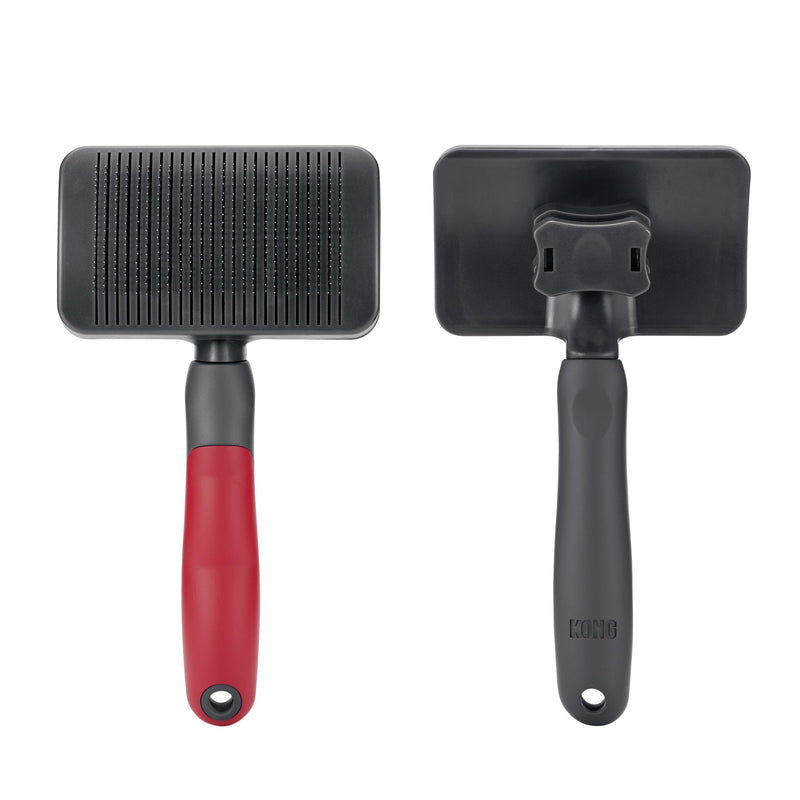 KONG Large Self-Cleaning Slicker Brush – Easy Hair Removal, Reduces Shedding, Non-Slip Grip, Long Metal Pins, for Medium to Large Dogs with Medium to Long Coats, Red/Gray - PawsPlanet Australia