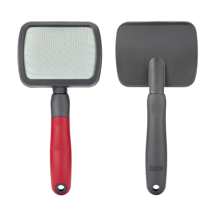 KONG Large Slicker Brush – Removes Loose Hair, Reduces Shedding, Comfortable Non-Slip Grip, Long Metal Pins, for Medium to Large Dogs with Medium to Long Coats, Red/Gray - PawsPlanet Australia