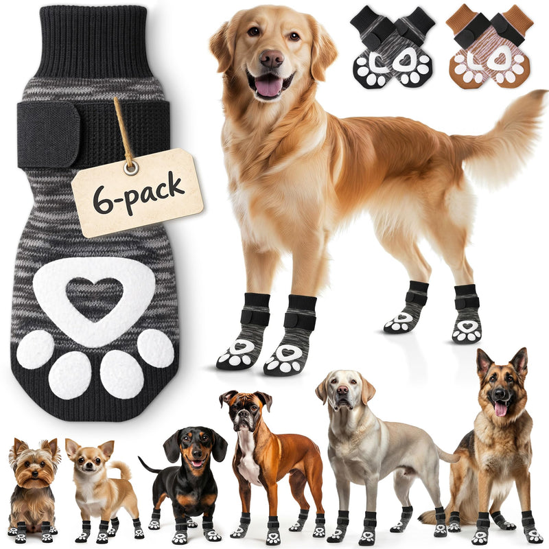 Anti Slip Dog Socks - 6 Pack | Dog Socks to Prevent Paw Licking, Add Traction, Keep Warm & Protect from Hot Pavement | Paw Protection for Senior Dogs for Hardwood Floors | Dog Booties - Large Grey L - PawsPlanet Australia