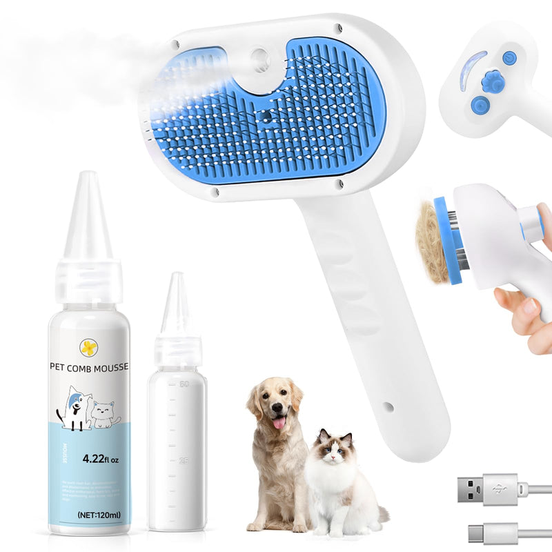 Pet Steam Brush for Dog & Cat - 3-in-1 Steam Grooming Brush for Shedding & Hair Removal - Self Cleaning Spray Comb with Mist for Long Haired Pets - Includes 1*Waterless Shampoo, Blue 7.87in blue-Waterless Shampoo - PawsPlanet Australia
