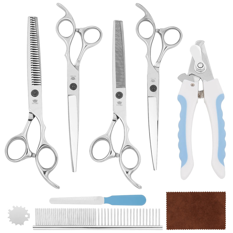 Dog Grooming Scissors Set – 6 in 1 Silver Pet Grooming Kit with Curved, Thinning, Chunker & Straight Shears + Comb – 440C Stainless Steel, Sharp & Durable for Dogs & Cats - PawsPlanet Australia