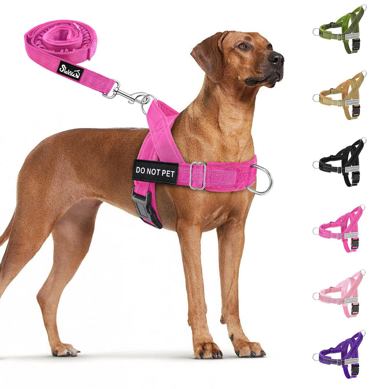 SlowTon No Pull Dog Harness - Heavy Duty Dog Harness and Leash Set for Medium Large Dogs, Reflective Tactical Harness with Soft Padded and Front Clip for Easy Walk and Training (Fuchsia L) Fuchsia