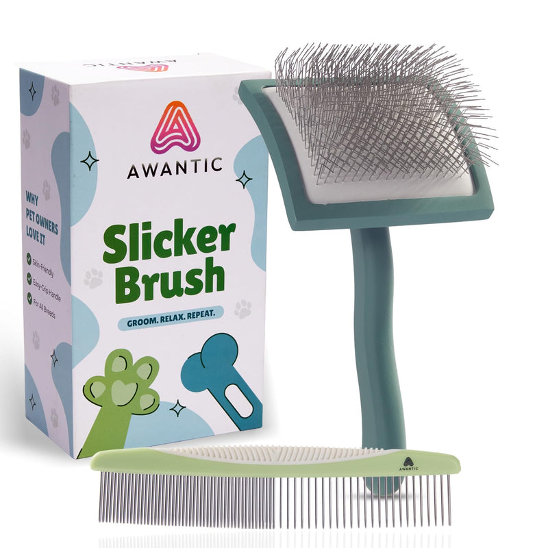 Self- Cleaning Slicker Brush for Dogs Suitable for Short & Long Haired Dogs and Effective Deshedding for Pet Grooming, Undercoat Removal, Tangle-Free Fur (Green Brush + Comb) Large - PawsPlanet Australia