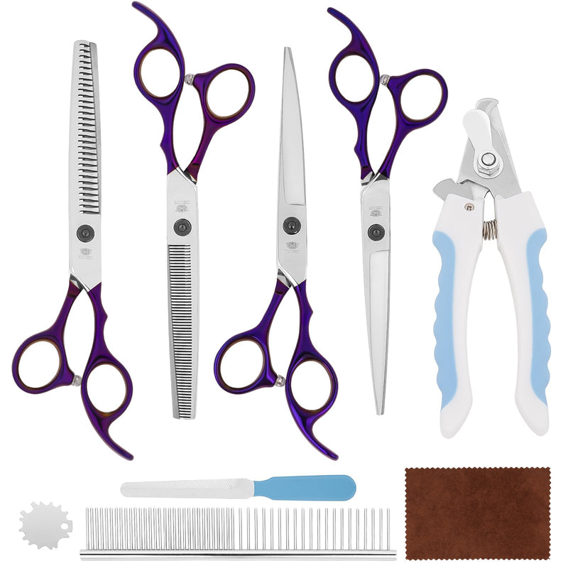 7” Dog Grooming Scissors Set – 6 in 1 Pet Grooming Kit with Curved, Thinning, Chunker & Straight Shears + Comb – 440C Stainless Steel Sharp Blades, Ergonomic & Quiet Design (Purple) Purple - PawsPlanet Australia