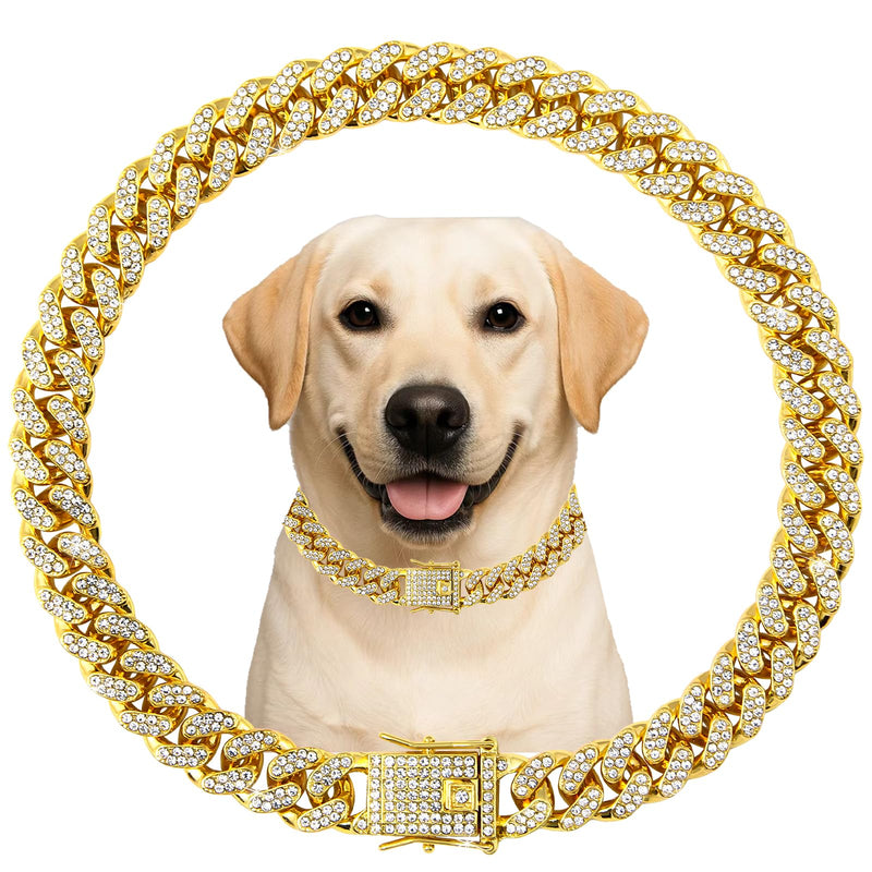 Dog Chain Designer Gold Crystal Pet Collar Cuban Link Chain with Secure Buckle Luxury Adjustable Necklacefor Small Medium Large Dogs Cats(Glod 14inch) 14 Inch - PawsPlanet Australia