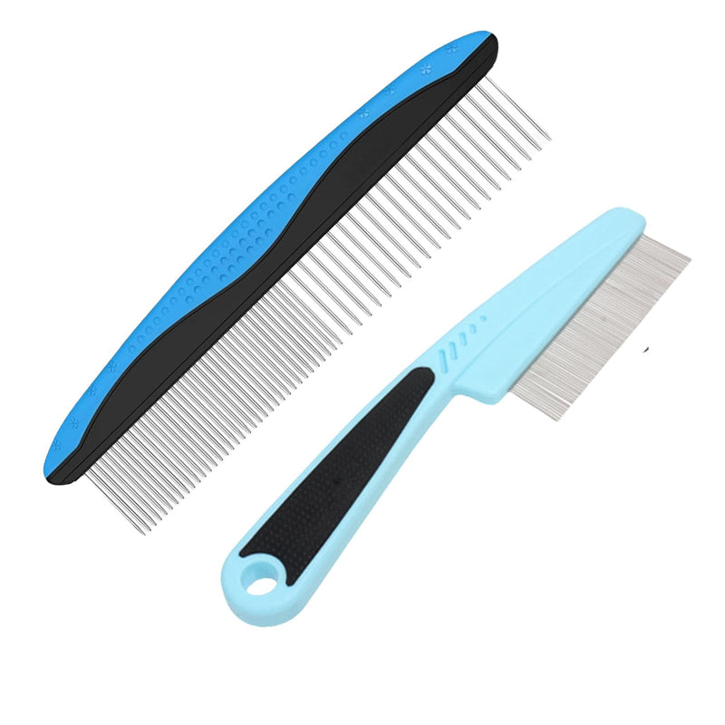 Pet Grooming Comb Set, 2-Piece Metal Tooth Flea and Dematting Combs with Rubber Handle for Dogs and Cats - PawsPlanet Australia