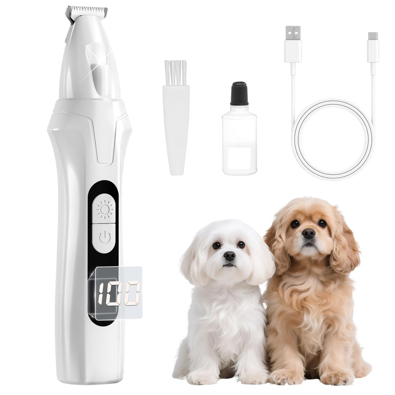 Dog Paw Trimmer with LED Display, 35dB Low Noise Electric Dog Clippers for Grooming, Cordless Paw Trimmers for Dog's Feet, Eyes, Ears, Face, Rump with LED Light (White) - PawsPlanet Australia