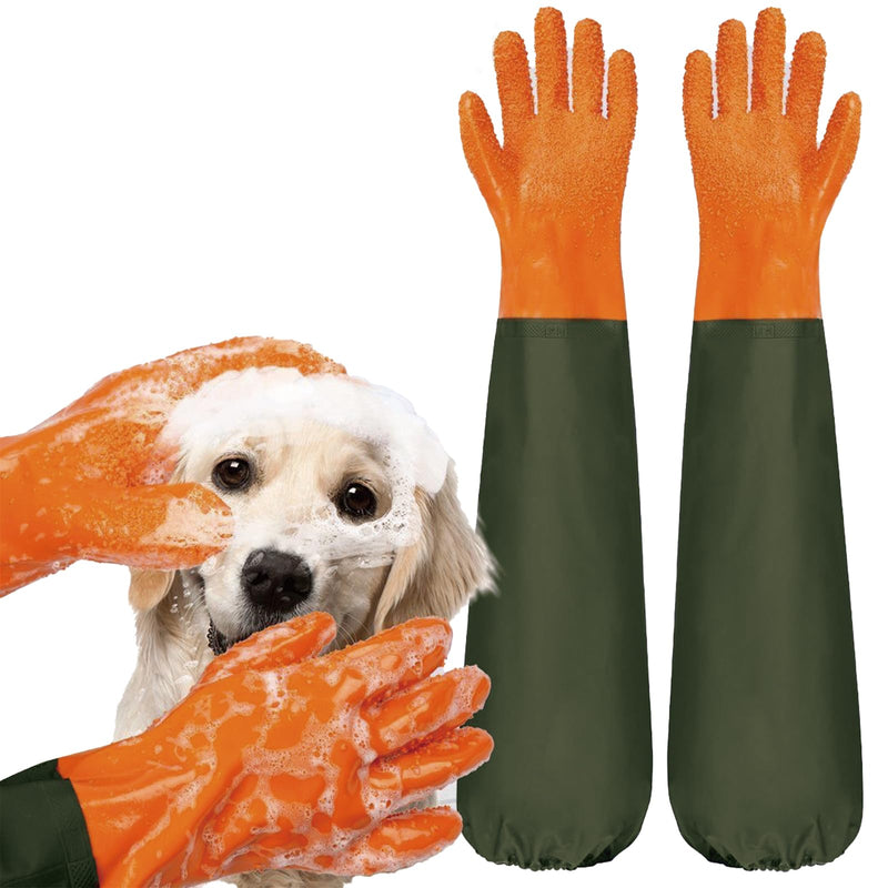 YOFANG Dog Washing Gloves,27.6" Long Rubber Dog Bath Brush, Durable Cat Bite-Proof gloves & Pet Hair Removal Glove with Soft Particles Suitable for Dogs Cats Pet Grooming. Orange - PawsPlanet Australia