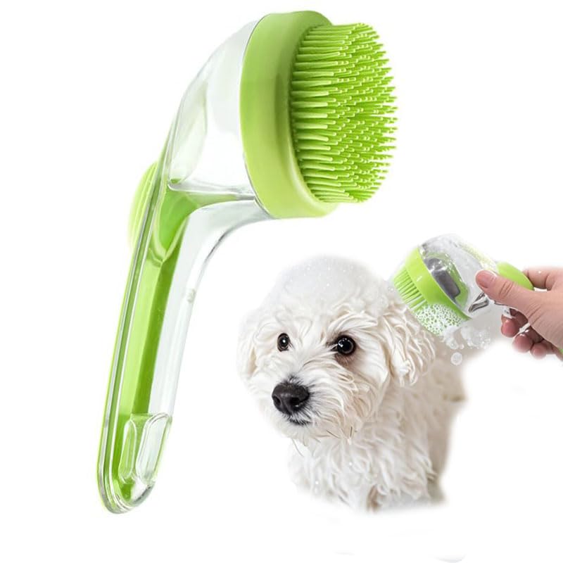 Pet Bath Brush with Shampoo Dispenser - Silicone Massage Grooming Tool for Cats & Dogs, Long Handle Dog Cat Bath Brush for Wet/Dry Use Green (ABS + Food-Grade Silicone, 7.5") - PawsPlanet Australia