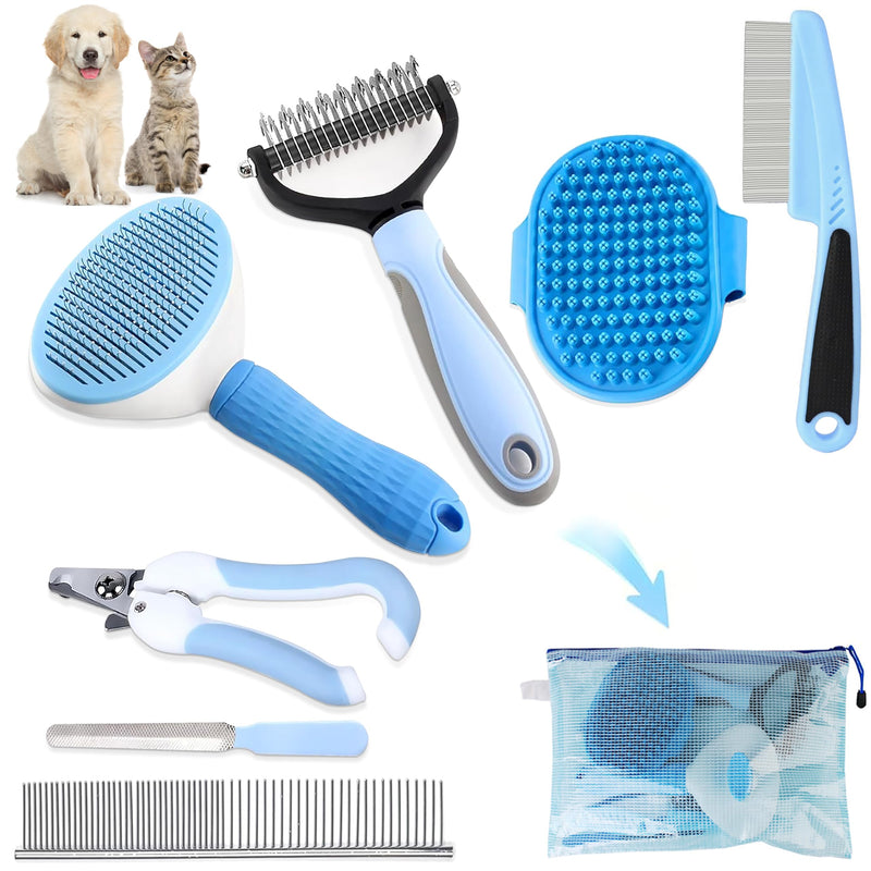 Dog Brush Dog Grooming Kit 7PCS Dog Brush for Shedding-Dog Brushes for Grooming, Dematting Comb for Dogs, Cat Nail Clipper with Nail File, Flea Comb, Pet Comb, Pet Bath Brush-Blue Blue 7Pcs+Bag - PawsPlanet Australia