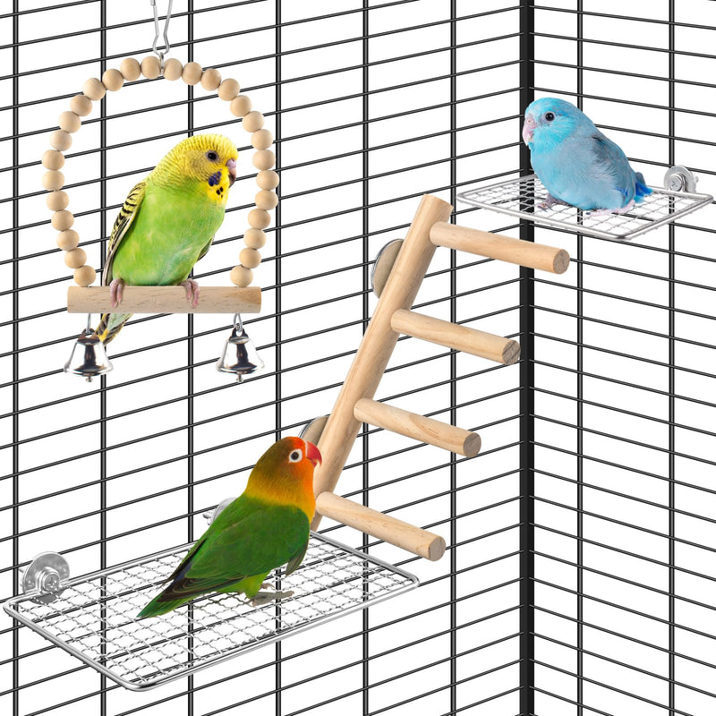 4Pcs Bird Perches Toys, Stainless Steel Perch Platform (2 Sizes), Natural Wood Parrot Climbing Ladder & Swing with Bell, Play Gym Cage Accessories for Budgie Cockatiel Lovebird Canary Conure - PawsPlanet Australia