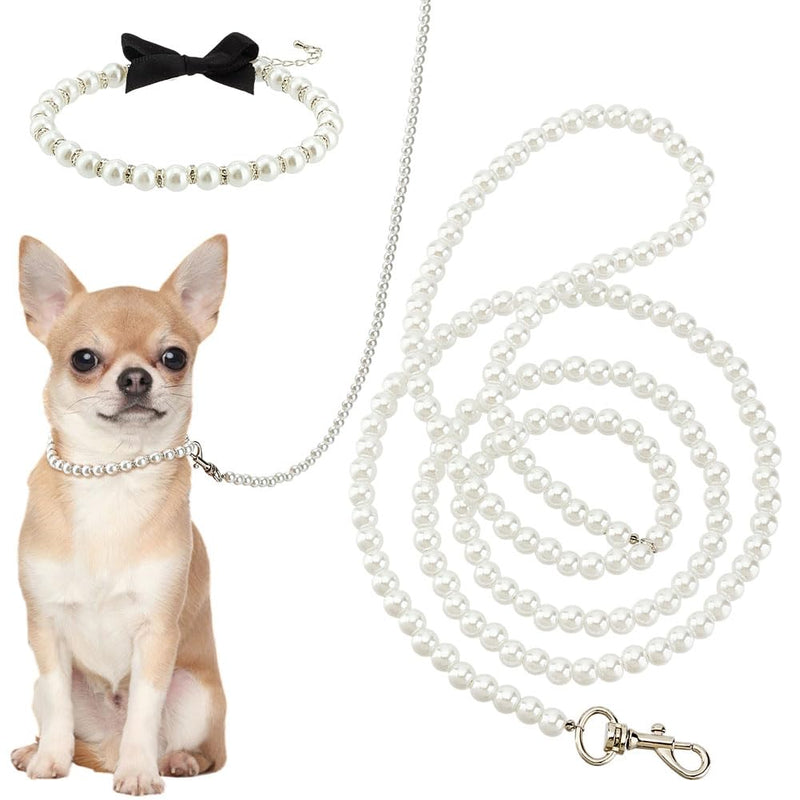 MAYJOYDIY White Pearl Necklace Collar and Beaded Leash for Dog Pet Cat Set, 47.2 inch Beaded Pet Chew-Proof Leash Extension with Alloy Clasp for Small Medium and Large Dogs Pet Supplies - PawsPlanet Australia
