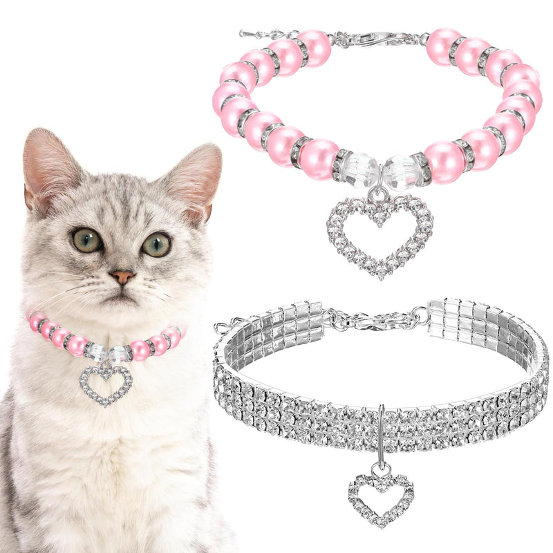 Rhinestone Dog Cat Collar Pearl Necklace Set Cute Pearl Cat Collar Adjustable Dog Necklace Collars for Small Cats Dogs Puppy (S, 2Pcs) - PawsPlanet Australia