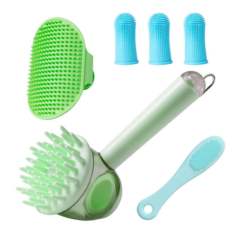 (6 Pcs) Pet Grooming Set – Includes Dog Bath Brush with Shampoo Dispenser, Cat Chin Cleaner, Toothbrushes & Glove Massage Brush for Dogs and Cats (Green) Green - PawsPlanet Australia