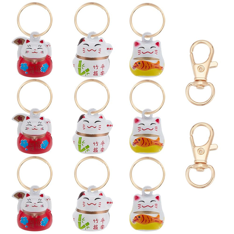 WEBEEDY 9 PCS Lucky Cat Collar Bells 3 Styles Pet Collar Bells Charm with Key Rings Brass Fortune Cat Collars Charms Loud Sound Small Animal Pendant for DIY Bag Keychain Home Decoration Supplies - PawsPlanet Australia
