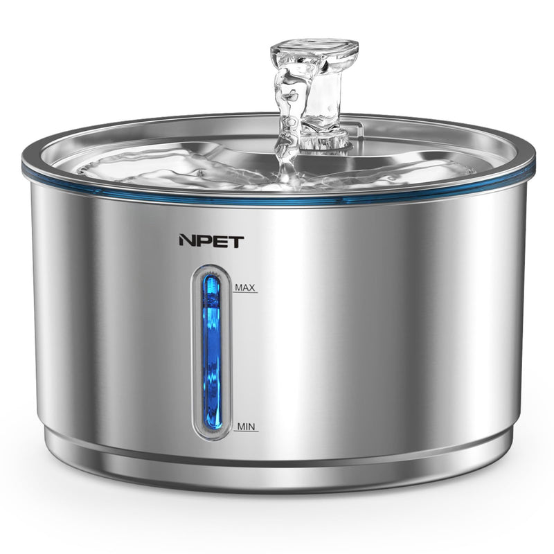 NPET Stainless Steel Cat Water Fountain, 1Gallon/135oz Automatic Pet Drinking Fountain Dog Water Dispenser Bowl with Water Level Window for Cats Indoor - WF210Plus With 1 Filter+1 Sponge 1 Gal Fountain - PawsPlanet Australia