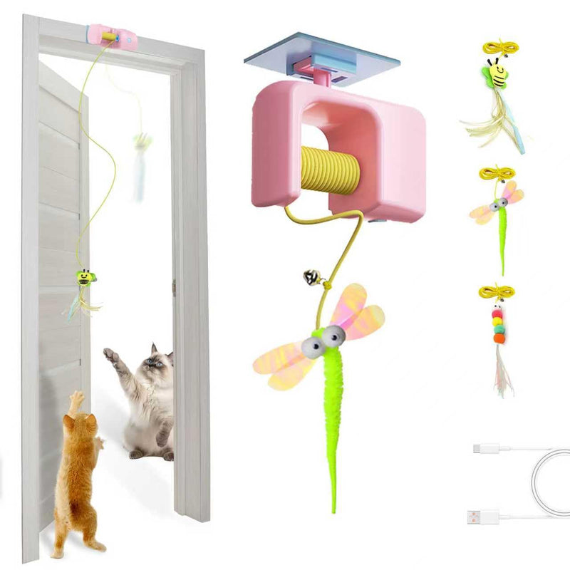 Interactive Hanging Cat Retractable String Toys for Indoor Kittens and Bored Adult Cats with 3 Flying Feathers, Automatic Electric Teaser for Enrichment and Chase, Rechargeable, Pink - PawsPlanet Australia