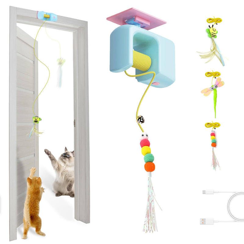 Interactive Hanging Cat Retractable String Toys for Indoor Kittens and Bored Adult Cats with 3 Flying Feathers, Automatic Electric Teaser for Enrichment and Chase, Rechargeable, Blue - PawsPlanet Australia
