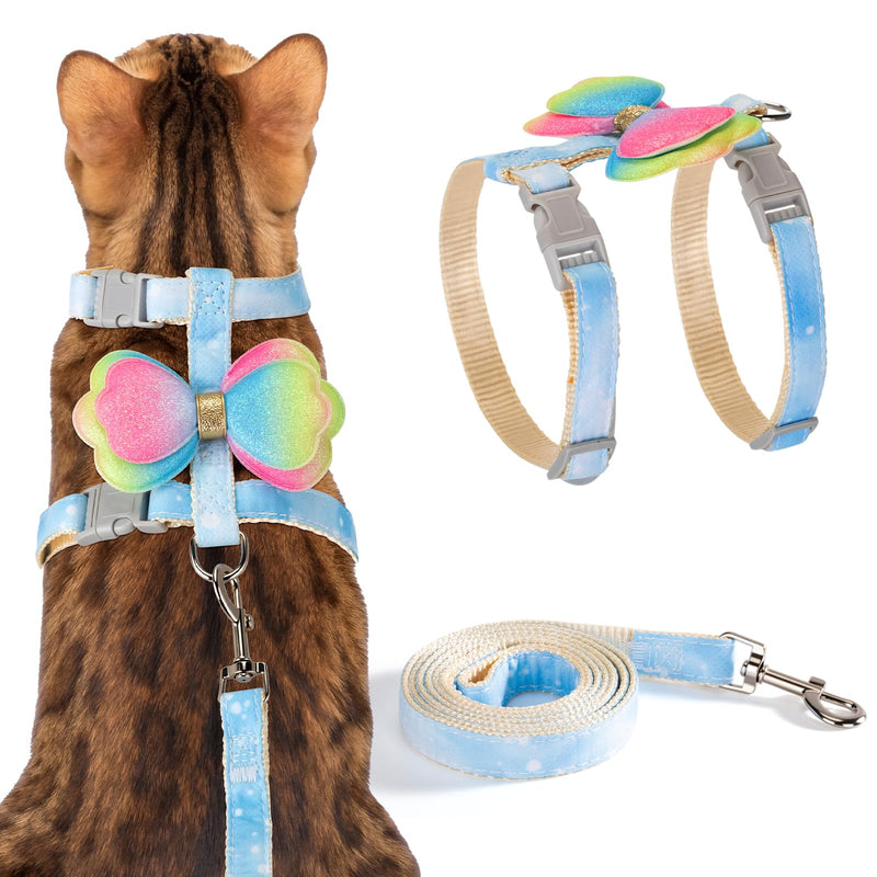 Cat Harness and Leash Set Cats Escape Proof Adjustable Kitten Harness Comfortable Soft Kitten Leash for Large Cats Easy to Wear Outdoor Walking Travel Colorful Bow Wing Gradient Blue (M) M - PawsPlanet Australia