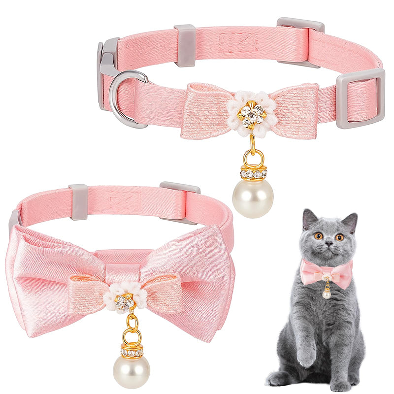 2 Pcs Adorable Cat Collar with Bow Cat Collar Breakaway Pink Cats Bows & Accessories Adjustable Cute Kitten Collars with Pearl Pendant for Girl Cats Pink - PawsPlanet Australia