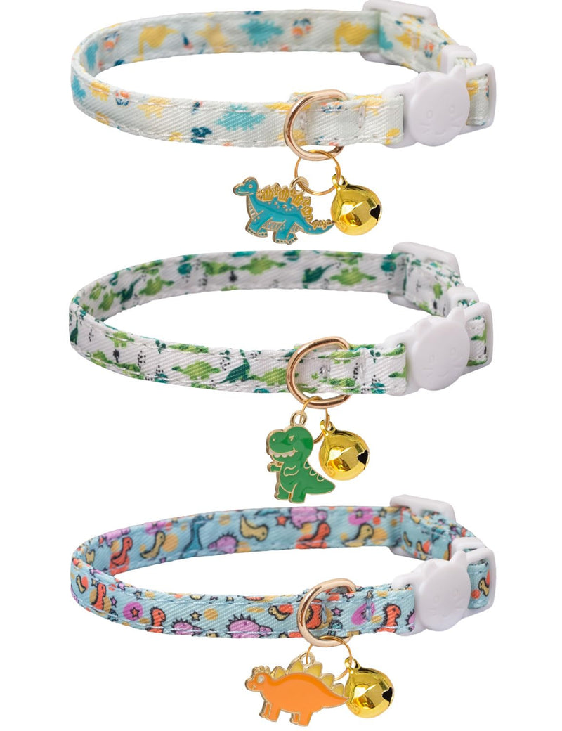 Cat Collar Breakaway with Bells,3 Pack Safety Adjustable Pet Collars,Ideal for Girl Boy Kittens. (White Blue Dinosaur) white blue dinosaur - PawsPlanet Australia