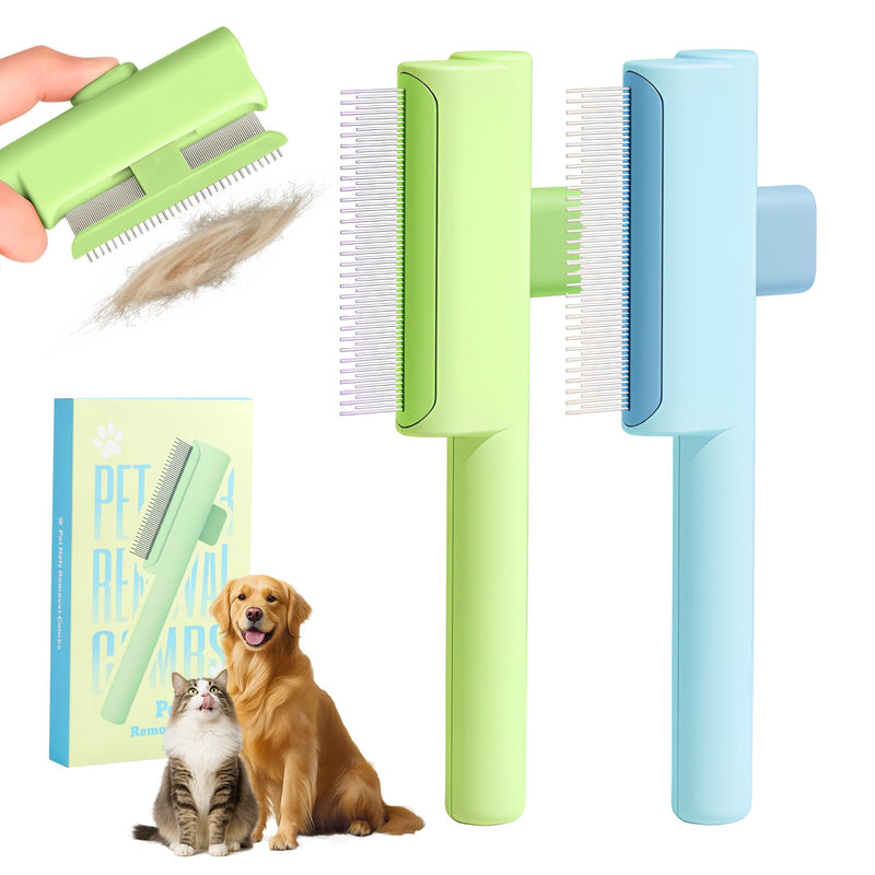 Pet Hair Removal Comb Flea Combs for Cats and Dogs, Pet Flea Comb Grooming Brush with One-Click Release Button, Dog Cat Deshedding Brush for Short & Long Hair (Blue & Green) Blue & Green - PawsPlanet Australia