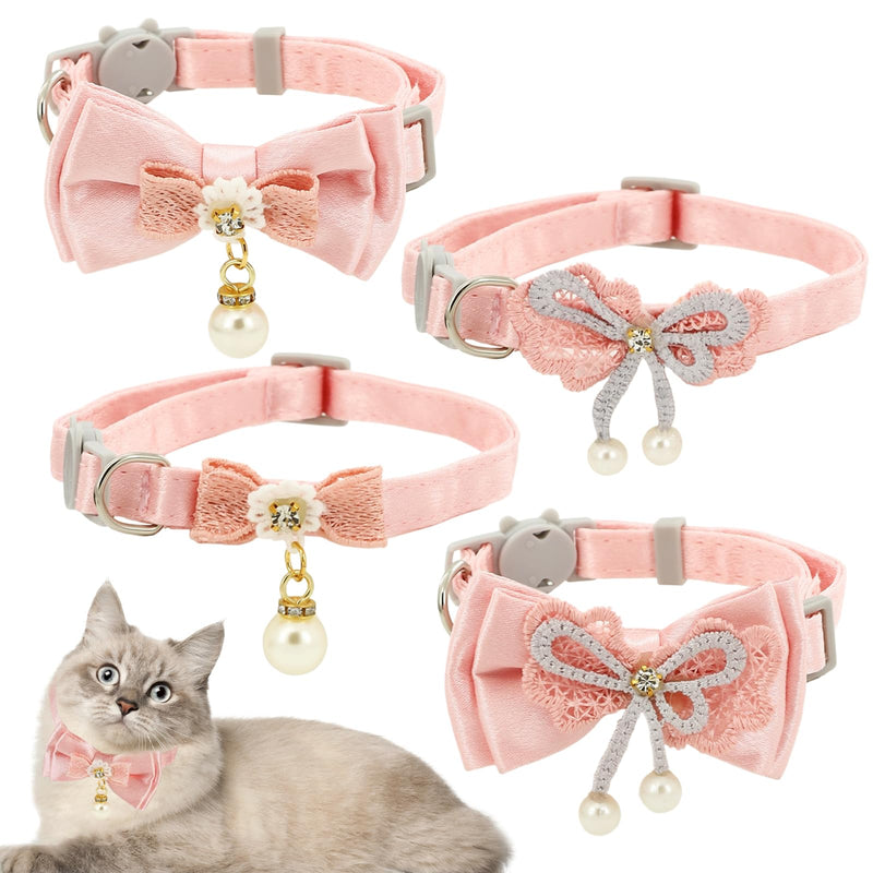 Pink Cat Collar, 4pcs Safety Buckle Kitten Collar Girl with Pearl Pendant Adjustable Cute Cat Collars for Girl Cats with Bow Fashion Comfortable Washable Removable Design - PawsPlanet Australia