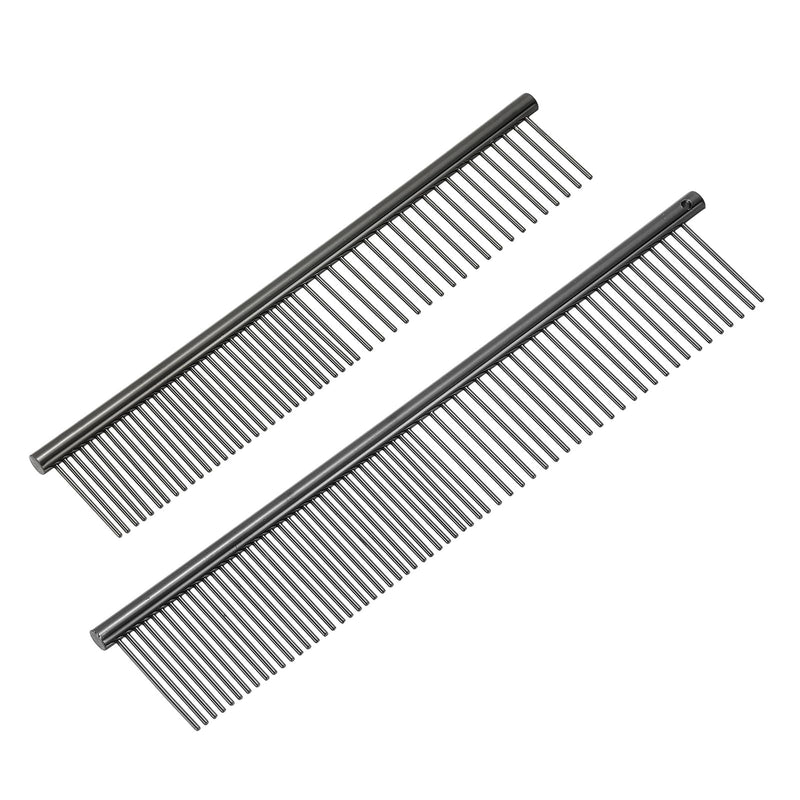 Dog Cat Comb, Pet Combs Stainless Steel Teeth with Rounded Ends for Knots Mats Loose Hair Removal, 6.5/7.5IN (Black Plated, 2 Pack), Grooming Tool Intended for Long Curly Hair Pet Black Plated 6.5/7.5 IN