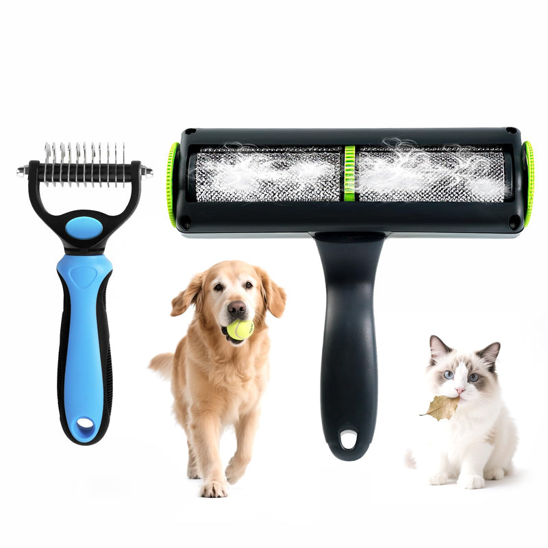 Pet Grooming Set-Pet Hair Remover Roller and Double Sided Undercoat Rake for Dogs & Cats, Lint Roller for Pet Hair, Deshedding Brush and Dematting Tool - PawsPlanet Australia