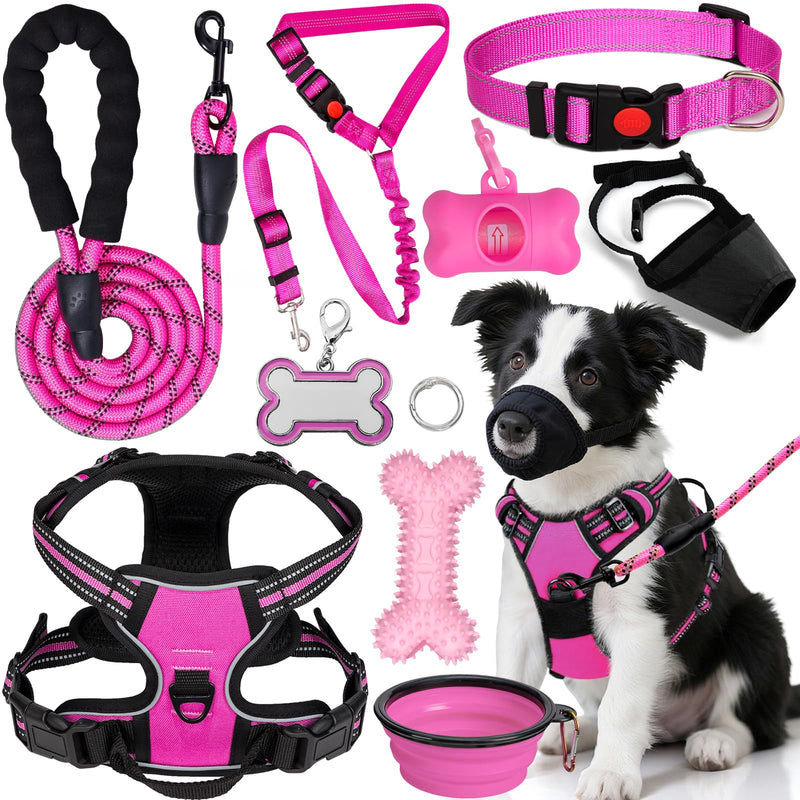 No Pull Dog Harness Adjustable Collar & Leash Set - Dog Halter Harnesses Collapsible Bowls & Poop Bag Dispenser Muzzle ID Tags Toys Fits Small Medium Large Dogs (Pink-M) Pink