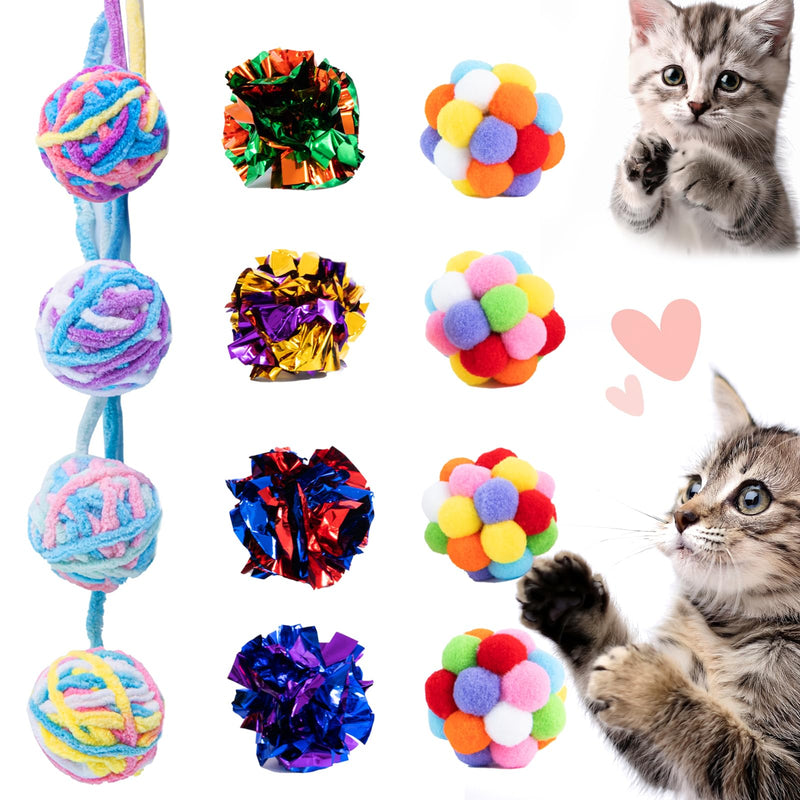 Cat Toys Balls 12Pcs Yarn Cat Balls with Bells Inside, Interactive Kitten Chew Toys for Indoor Kittens Kitty,Muticolor, Crinkle Toys Set，1.7 inches - PawsPlanet Australia