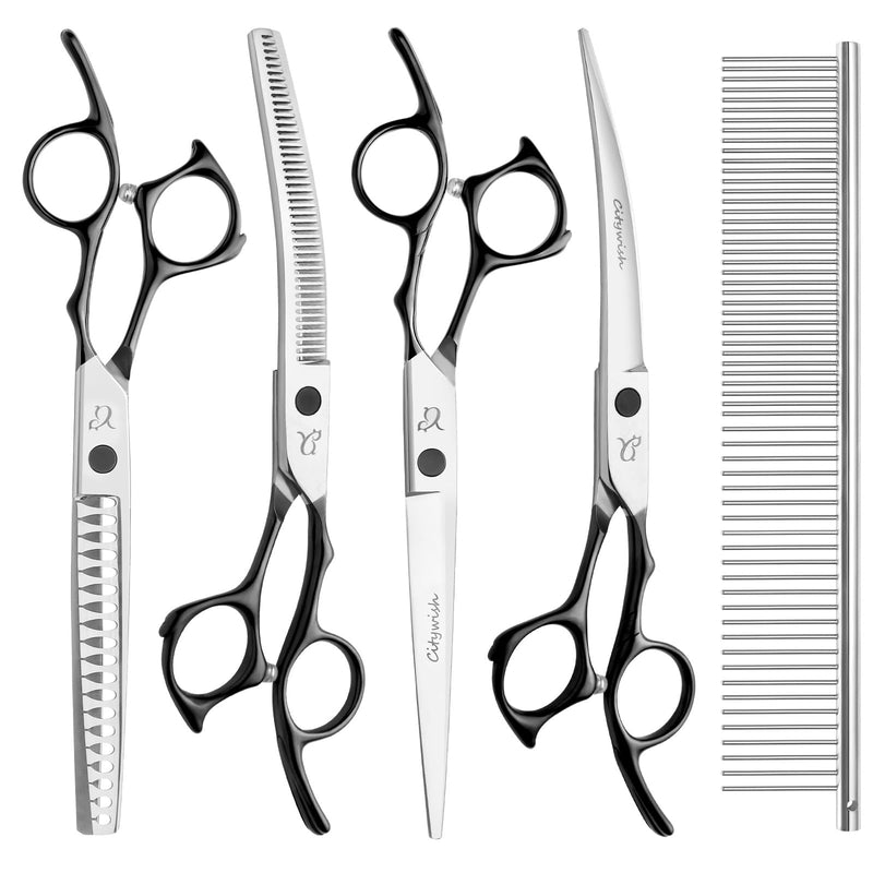 Dog Grooming Scissors,Curved Thinning Scissers and Chunker Shears for Dog Grooming with Safety Round Tips, Sharp and Comfortable 5 in 1 Deg Scissors for Grooming - PawsPlanet Australia
