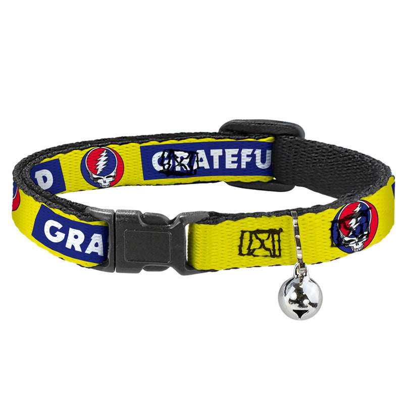 Grateful Dead Cat Collar, Breakaway Collar with Bell, Grateful Dead Text Box and Steal Your Face Logo Yellow/Blue, 8.5 to 12 Inches 0.5 Inch Wide - PawsPlanet Australia