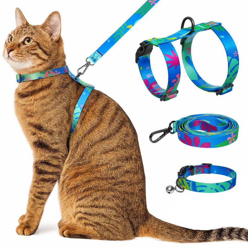 Cat Harness and Leash Set with Matching Collar – Escape Proof H-Style Harness for Cats, Adjustable & Lightweight, Tropical Hawaiian Leaf Print, Easy Wear for Outdoor Walking & Training Hawaii Blue - PawsPlanet Australia