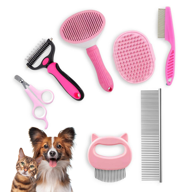 7-in-1 Pet Grooming Kit for Dogs & Cats Deshedding Brush, Bath Brush, Flea Comb, Nail Clipper & Massage Glove Complete Grooming Set for Small & Large Pets - PawsPlanet Australia