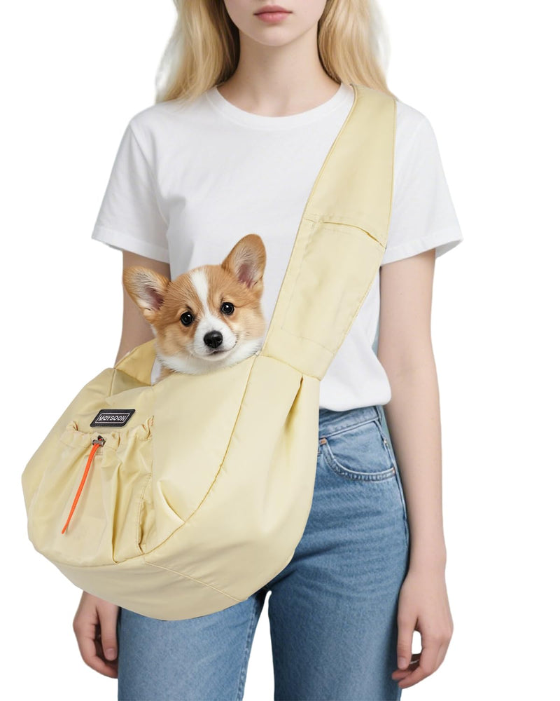 Puppy Carrier Sling - Widened and Thickened Shoulder Strap with Pocket, Adjustable Hands-Free Small Dog Carrier Sling for Outside and Daily Walks, for Small Dog and Cat 12 lbs, (Buff). Light yellow - PawsPlanet Australia