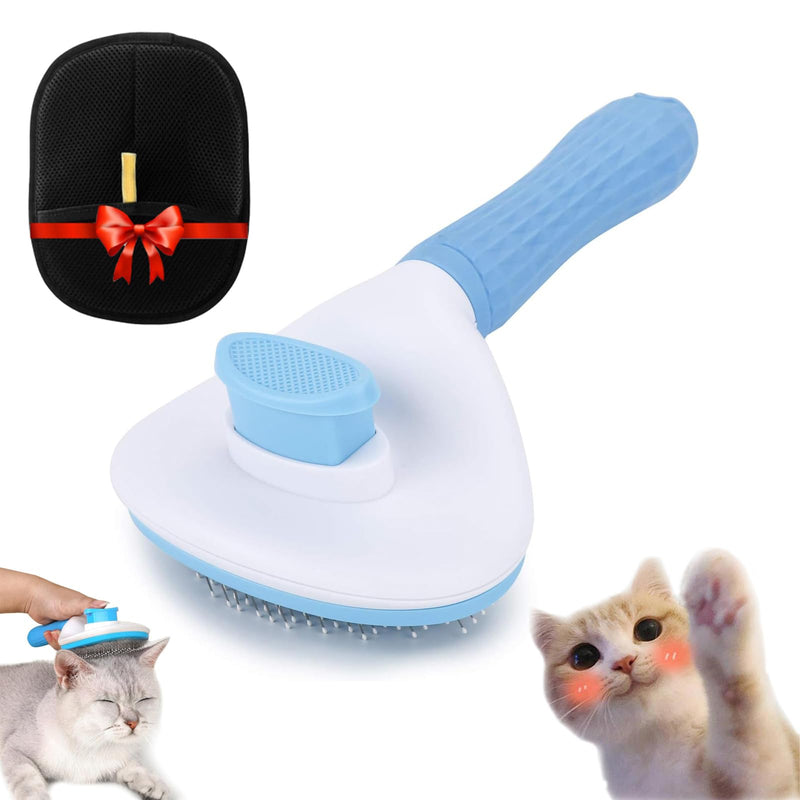 Self Cleaning Pet Slicker Brush, One-Press Release Button Pin Brush for Cats/Rabbits, Long Haired Shedding Grooming Comb, Cat Dander Brushes for Long Hair with Hair Removal Gloves (Blue) Blue - PawsPlanet Australia