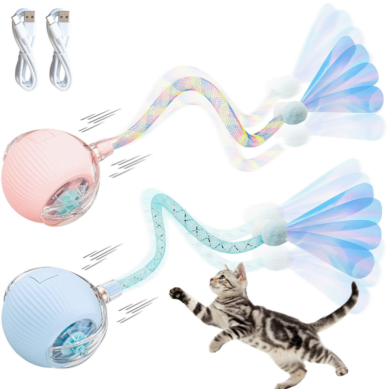 2-Pack Interactive Cat Ball Toys – Pink & Blue Combo – Automatic Rolling Balls with Long Tail & Feather, 3-Modes & USB Rechargeable for Indoor Cats - PawsPlanet Australia