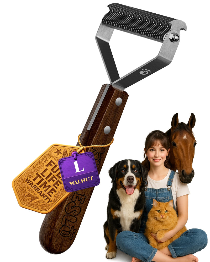 Dog Brush for Shedding 20 Blade Dematting Tool Pet Brush Dual Side, Undercoat Rake for Large Medium Small Dogs and Cats, Shedding Dog Comb for Grooming, Premium Wood Handle L Pro - Walnut - PawsPlanet Australia