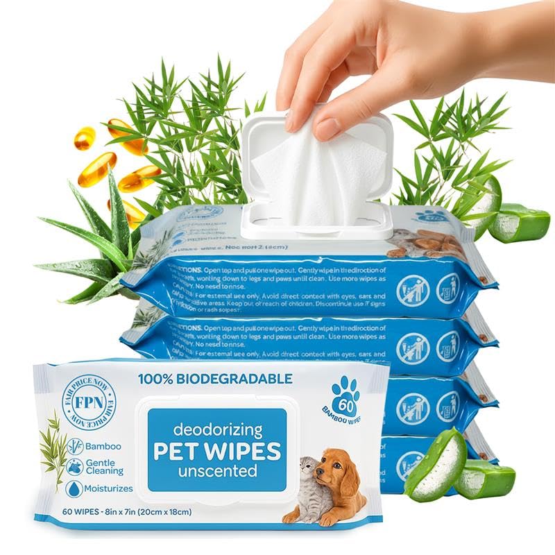 FPN Pet Cleaning Wipes – Unscented Bamboo Grooming Wipes for Dogs & Cats – No Alcohol or No Harsh Chemicals – Soft – 7x8 in (4 CT) 4 CT - PawsPlanet Australia