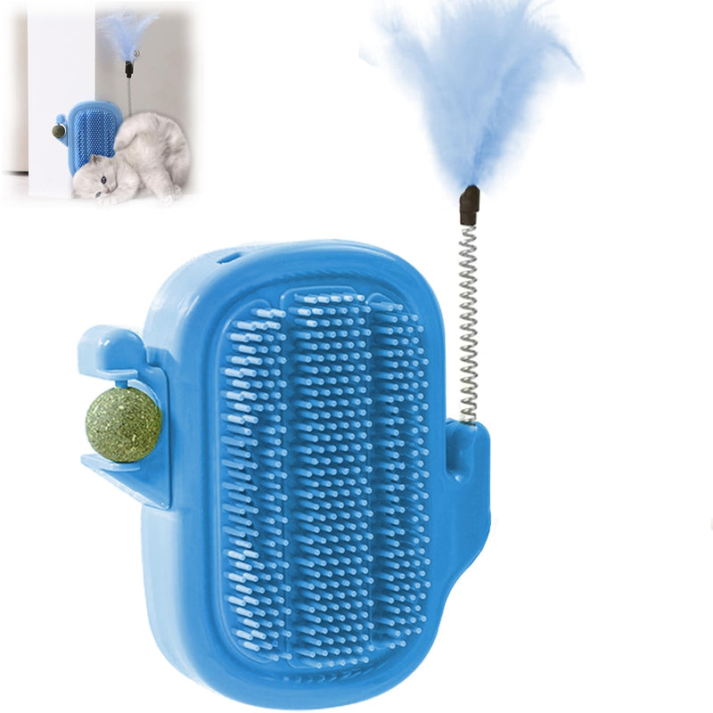 3-in-1 Cat Self Groomer Brush – Wall Corner Cat Scratch Pad with Catnip Ball & Feather Toy, Cactus-Style Wall Brush for Indoor Cats, Cats Massager & Face Scratchers for Fur Pets Blue - PawsPlanet Australia
