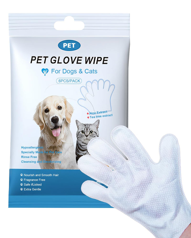 Pet Cleaning and Deodorizing Bathing Disposable Grooming Glove Wipes for Dogs and Cats, Extra Thick Nourish Fur No-Rinse Grooming Wipes for Daily Care and Travel, Hypoallergenic, Unscented, 6PCS/Pack - PawsPlanet Australia