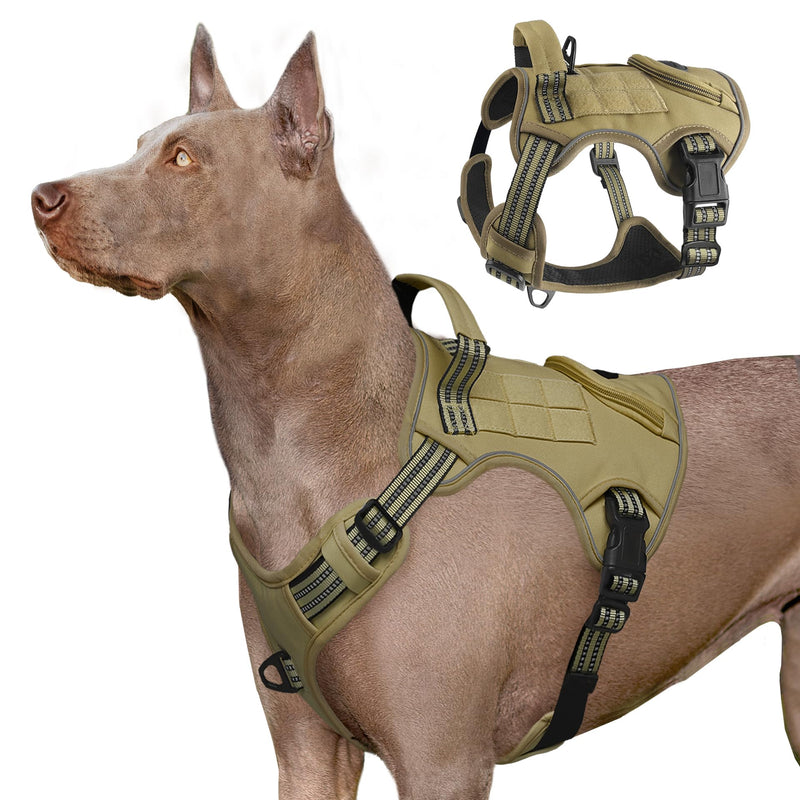 Heavy Duty Tactical Dog Harness for Large Dogs, Adjustable Reflective Service Vest with Control Handle & 4 Patches, No Pull Soft Padded Military Pet Harness for Training Walking Hiking (Brown, XL) Brown - PawsPlanet Australia