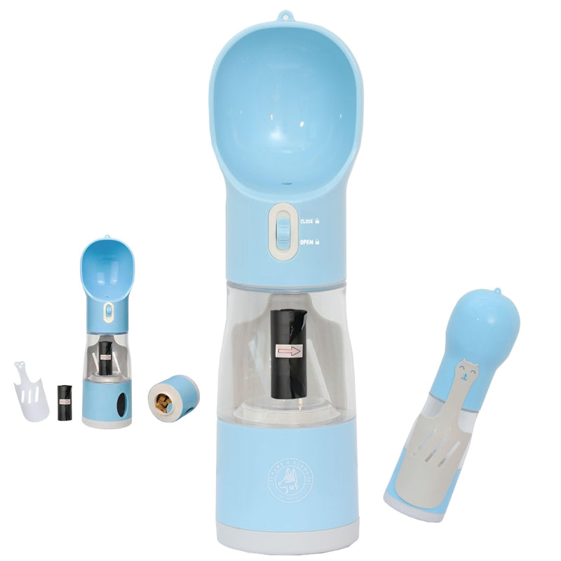 All-in-One Portable Dog Water Bottle, Food Dispenser, Poop Bag Dispenser, Dry/Wet Food Container 7 oz., Travel Water Bottle 9oz., 2 Poop Bags Included, Food Grade Plastic, Leak Proof-Blue Color - PawsPlanet Australia