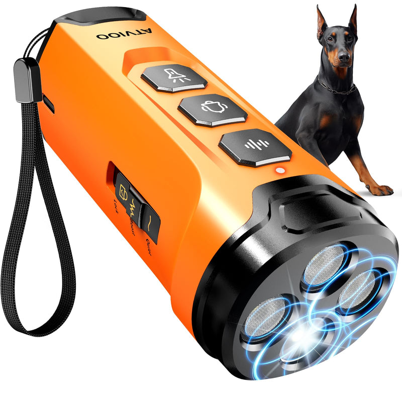 Dog Bark Deterrent Device, 3X Sonic Emitters, Dual-Frequency Bark Control, Flashlight & Sound Modes, Humane No-Bark Trainer, Safety Lock, USB-C Rechargeable (Orange) Black